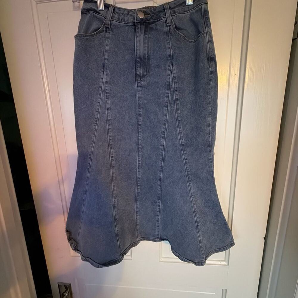 Allegra K Women's High Waist Fishtail Ruffle Denim Jean Skirt Blue Gray
